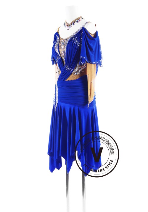 Royal Blue Sleeves Luxury Latin Competition Dance Dress