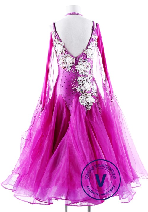 Snowflake Embroidered Pink Ballroom Competition Dance Dress