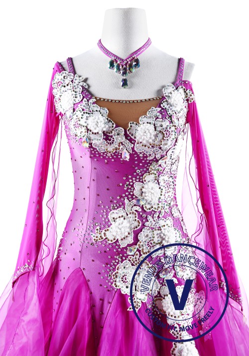 Snowflake Embroidered Pink Ballroom Competition Dance Dress