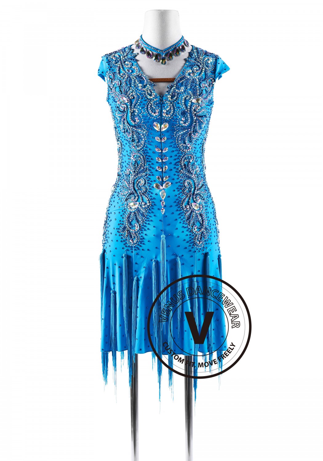 Vintage Blue Beaded Latin Rhythm Competition Dance Dress
