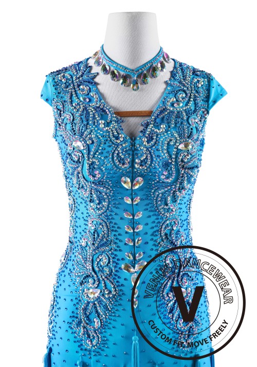 Vintage Blue Beaded Latin Rhythm Competition Dance Dress