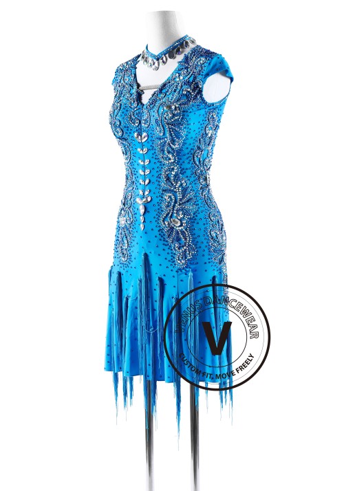 Vintage Blue Beaded Latin Rhythm Competition Dance Dress