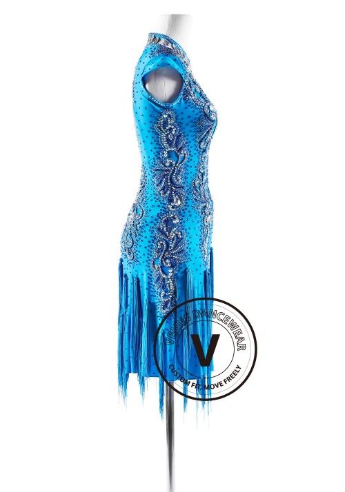 Vintage Blue Beaded Latin Rhythm Competition Dance Dress