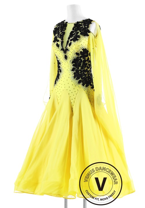 Black Appliques on Yellow Ballroom International Competition Dress