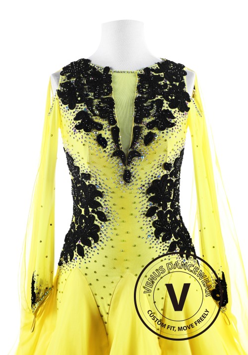 Black Appliques on Yellow Ballroom International Competition Dress