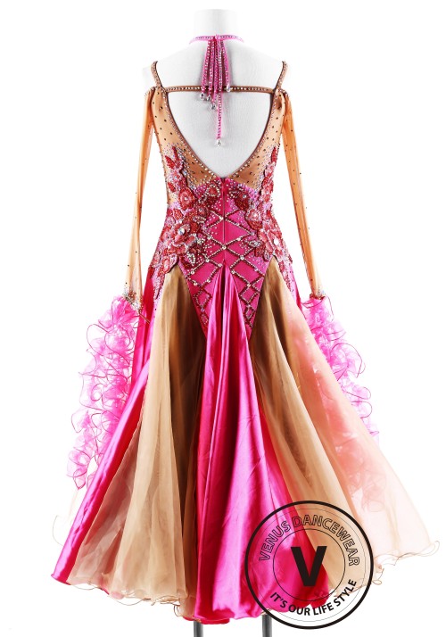 Caramel with Fuchsia Ballroom Smooth Competition Dance Dress