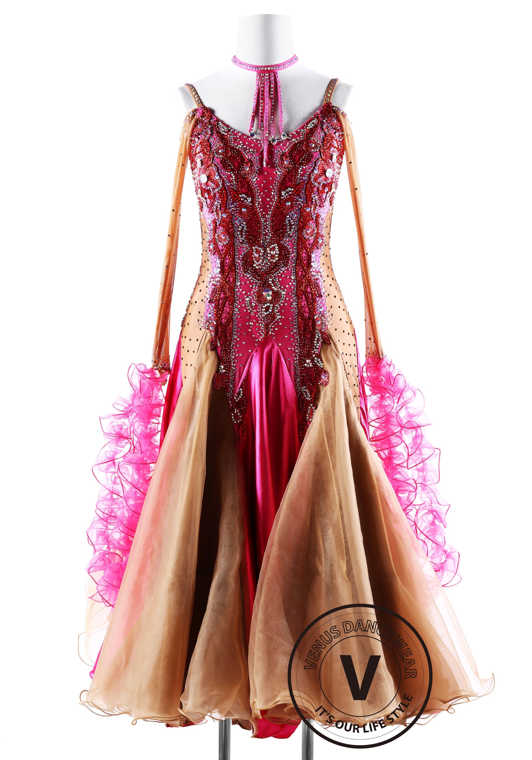 Caramel with Fuchsia Ballroom Smooth Competition Dance Dress