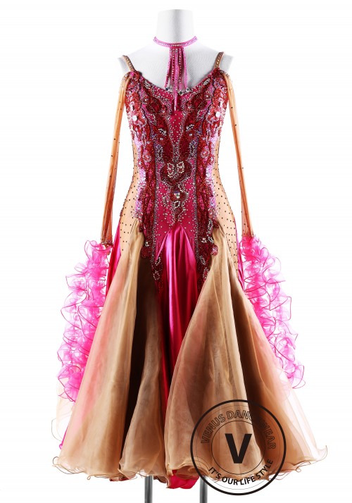 Caramel with Fuchsia Ballroom Smooth Competition Dance Dress