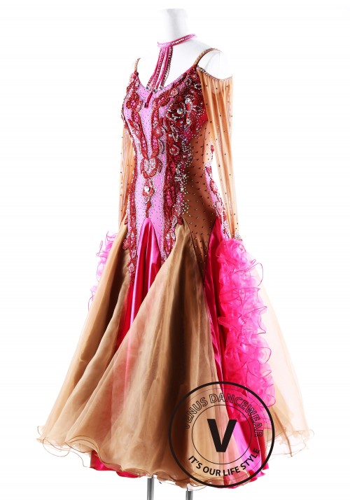 Caramel with Fuchsia Ballroom Smooth Competition Dance Dress