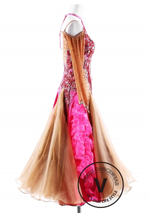 Caramel with Fuchsia Ballroom Smooth Competition Dance Dress