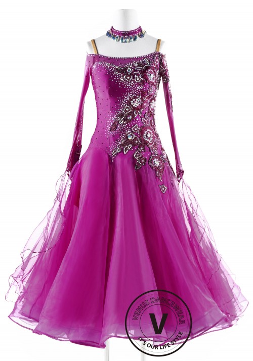 Fuchsia with Ruby Applique Ballroom Competition Dance Dress