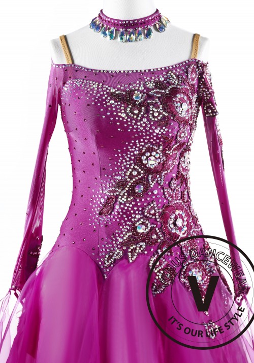 Fuchsia with Ruby Applique Ballroom Competition Dance Dress