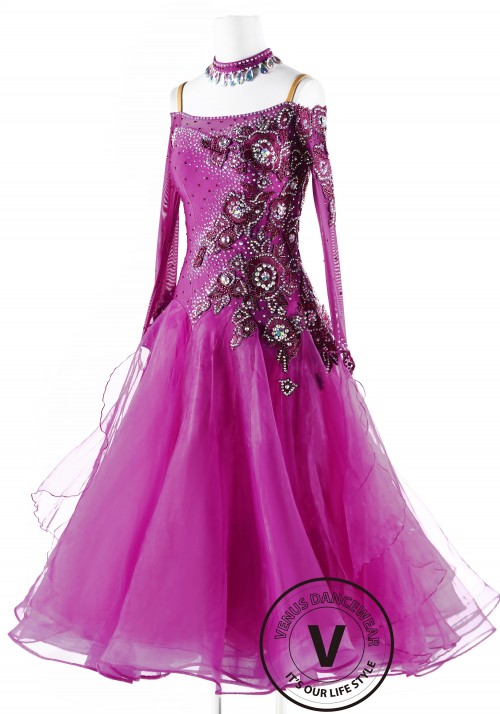 Fuchsia with Ruby Applique Ballroom Competition Dance Dress