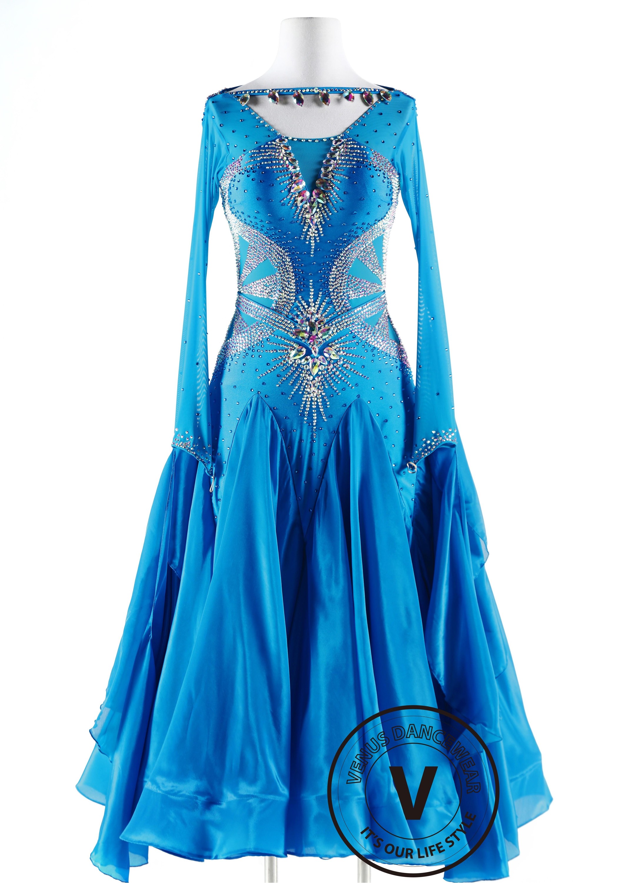 Lake Spirit Luxury Satin Chiffon Ballroom Competition Dance Dress