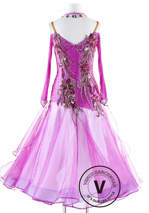 Fuchsia Lycoris Appliques Ballroom Competition Dance Dress