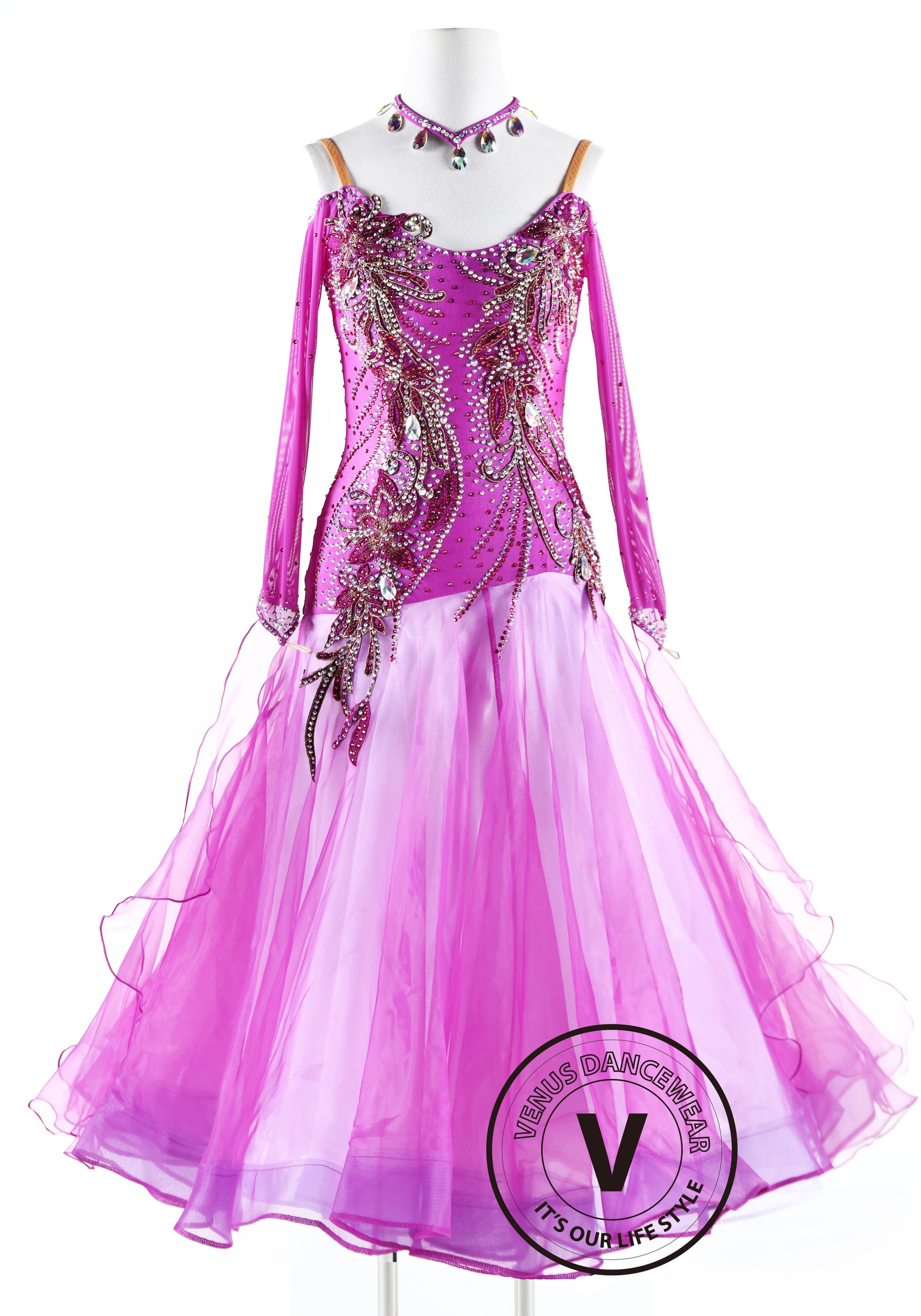 Fuchsia Lycoris Appliques Ballroom Competition Dance Dress