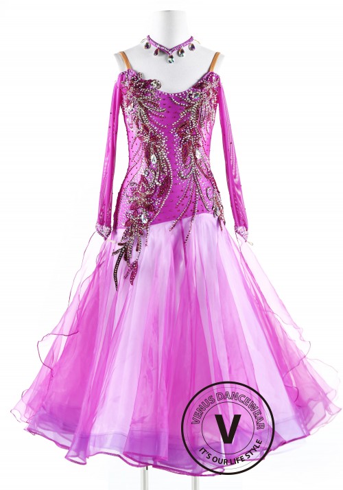 Fuchsia Lycoris Appliques Ballroom Competition Dance Dress