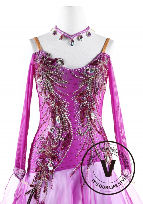 Fuchsia Lycoris Appliques Ballroom Competition Dance Dress