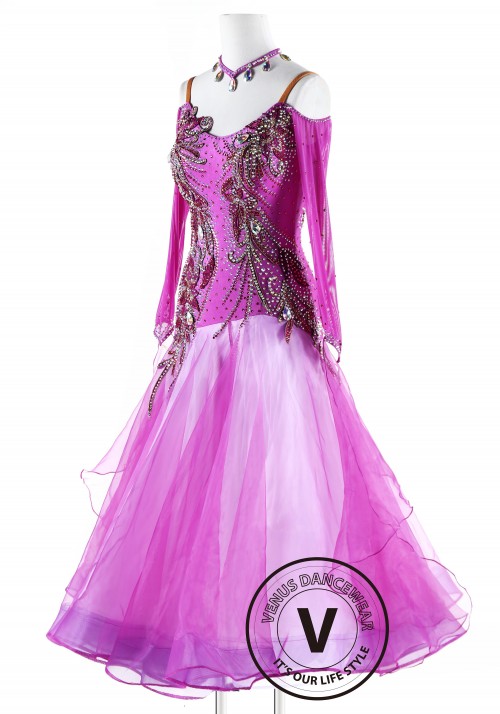 Fuchsia Lycoris Appliques Ballroom Competition Dance Dress