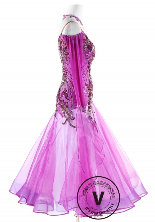 Fuchsia Lycoris Appliques Ballroom Competition Dance Dress