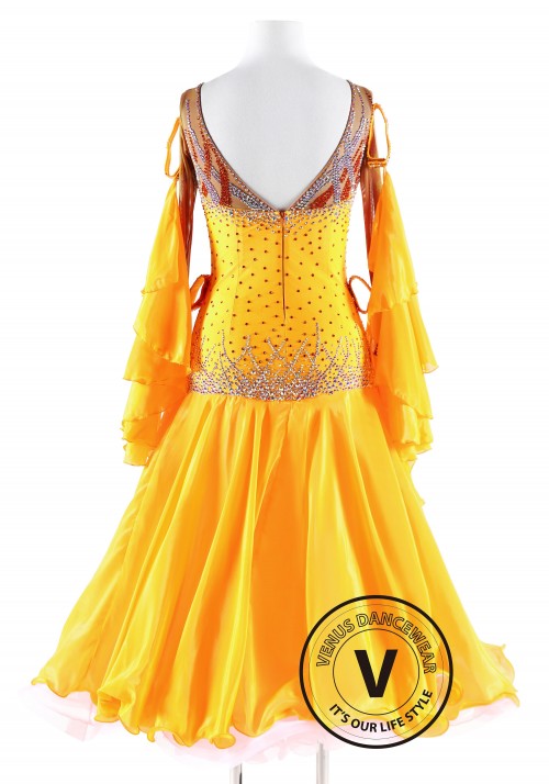 Yellow Luxury Satin Chiffon Ballroom Competition Dance Dress