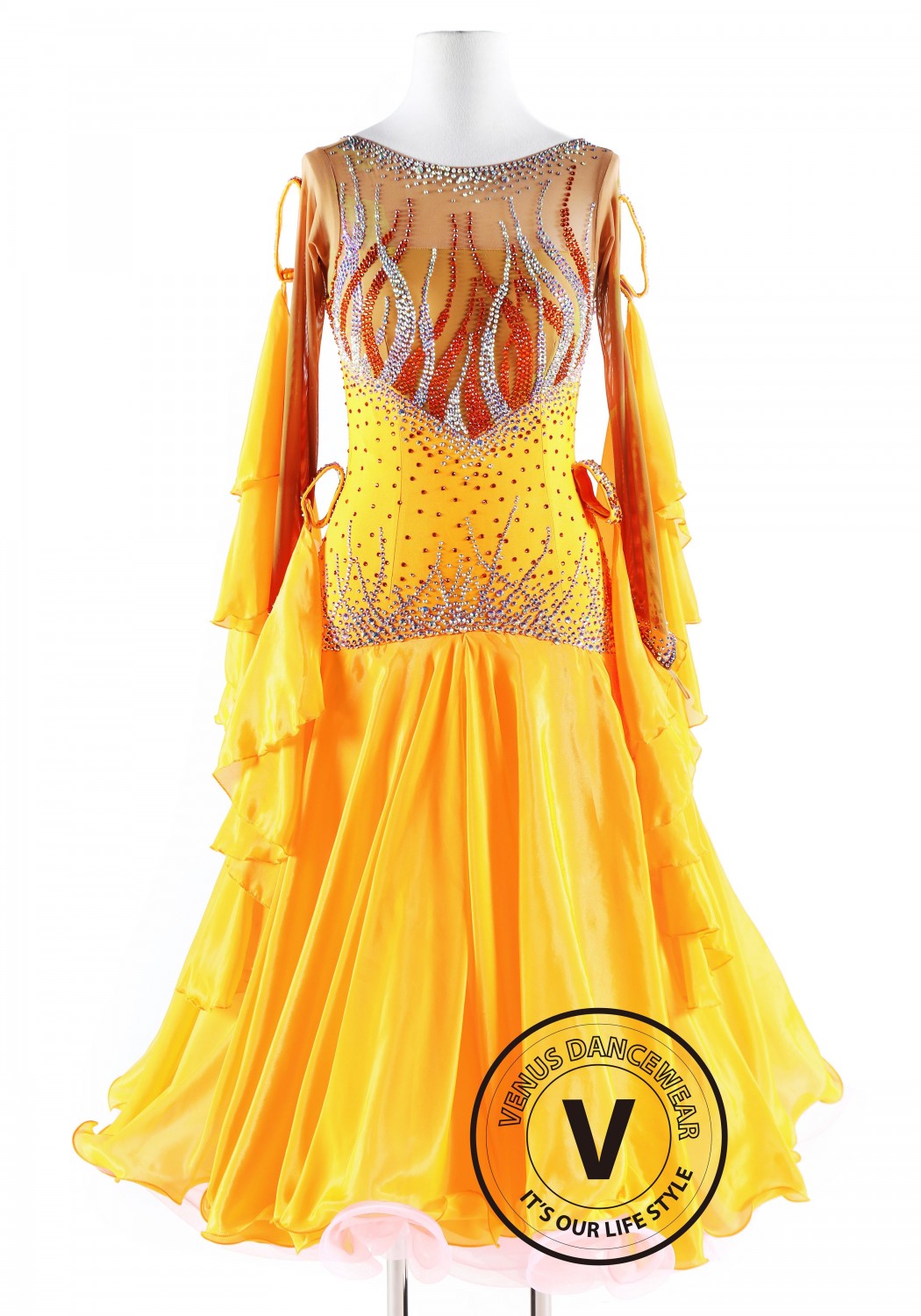 Yellow Luxury Satin Chiffon Ballroom Competition Dance Dress
