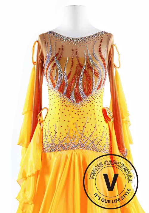 Yellow Luxury Satin Chiffon Ballroom Competition Dance Dress