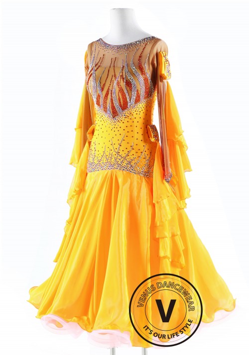 Yellow Luxury Satin Chiffon Ballroom Competition Dance Dress