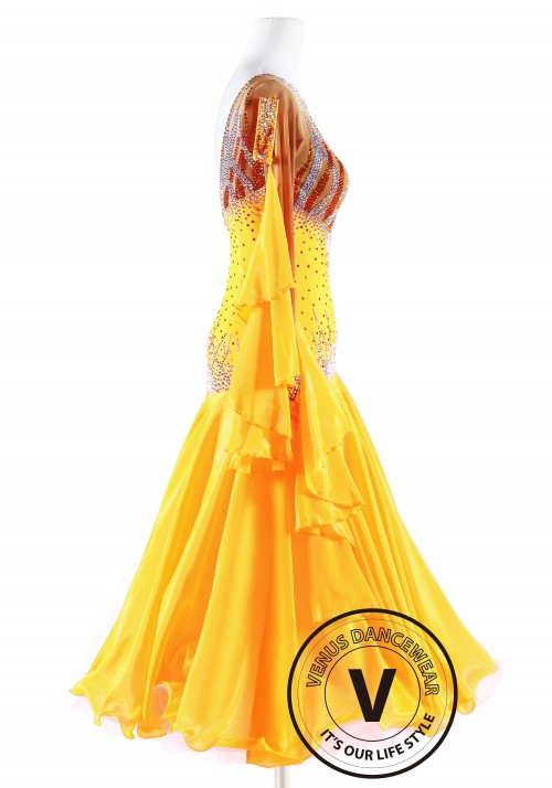 Yellow Luxury Satin Chiffon Ballroom Competition Dance Dress