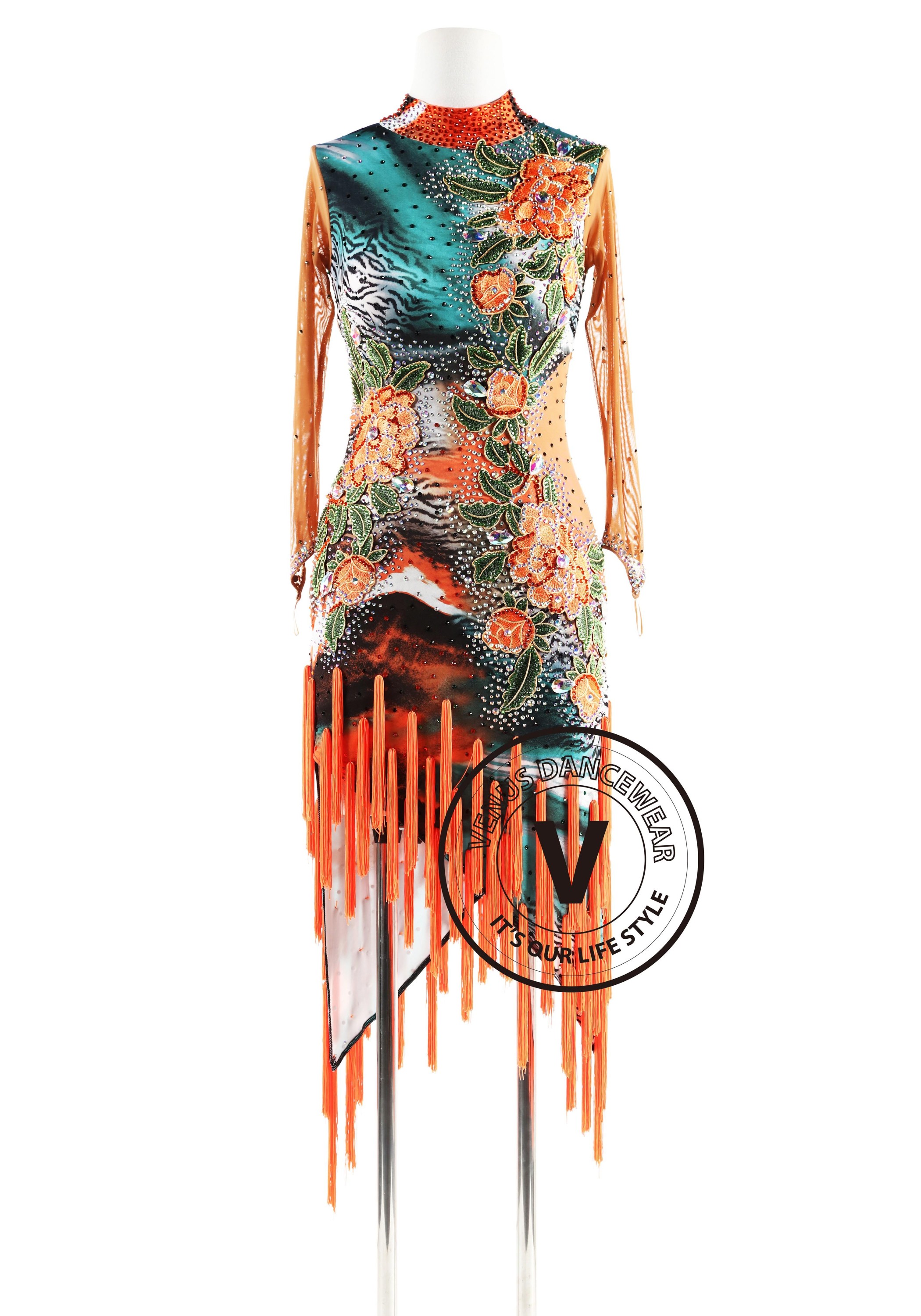 Orange Blooming Floral with Fringe Latin Rhythm Competition Dance Dress