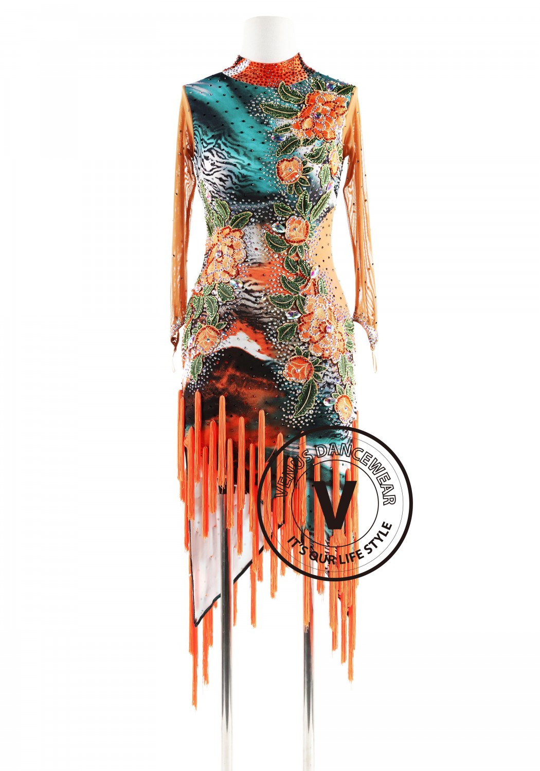 Orange Blooming Floral with Fringe Latin Rhythm Competition Dance Dress