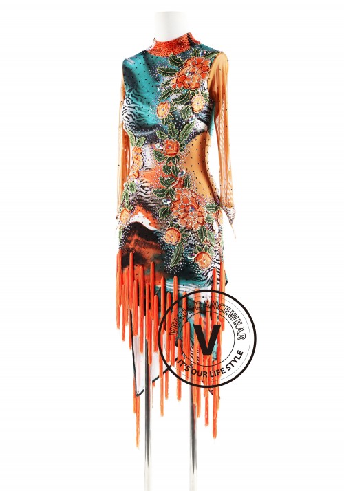 Orange Blooming Floral with Fringe Latin Rhythm Competition Dance Dress