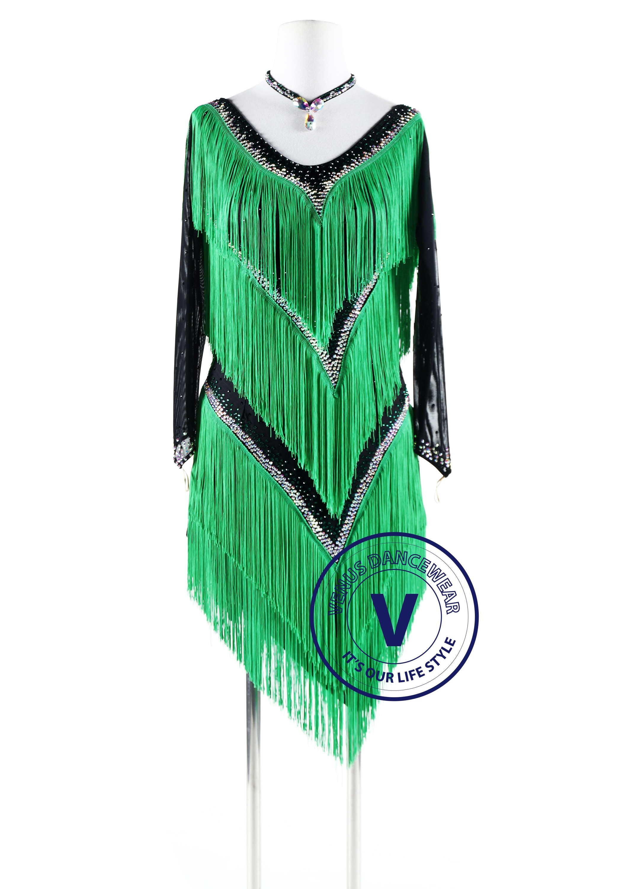 Four Layers Green Fringe Latin Rhythm Competition Dance Dress