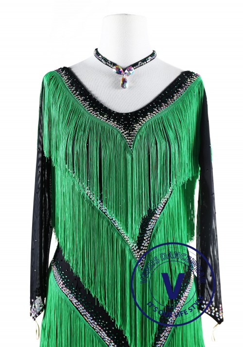 Four Layers Green Fringe Latin Rhythm Competition Dance Dress