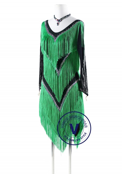 Four Layers Green Fringe Latin Rhythm Competition Dance Dress