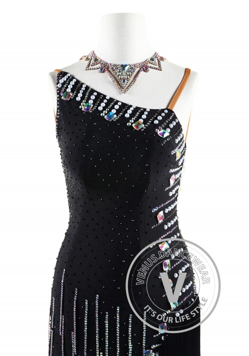 Black Matte Beading Latin Rhythm Competition Dance Dress