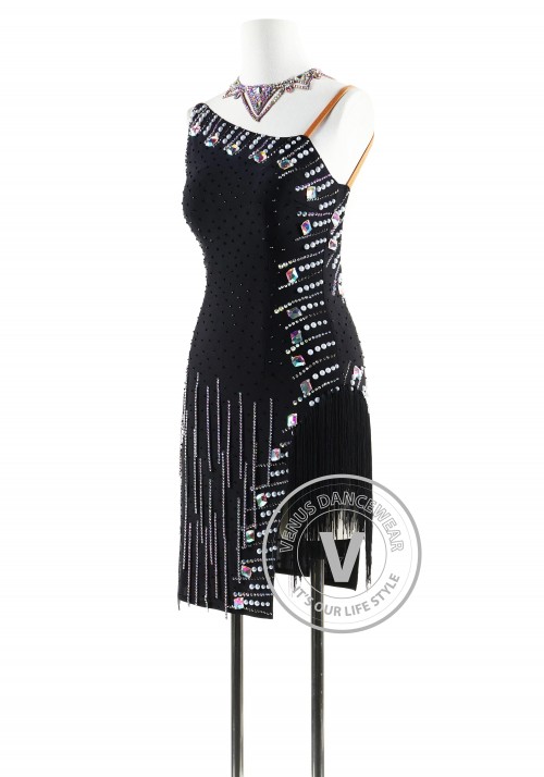 Black Matte Beading Latin Rhythm Competition Dance Dress