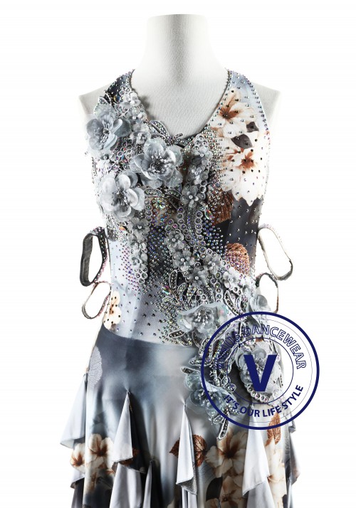 Gray and White Petals Latin Rhythm Competition Dance Dress