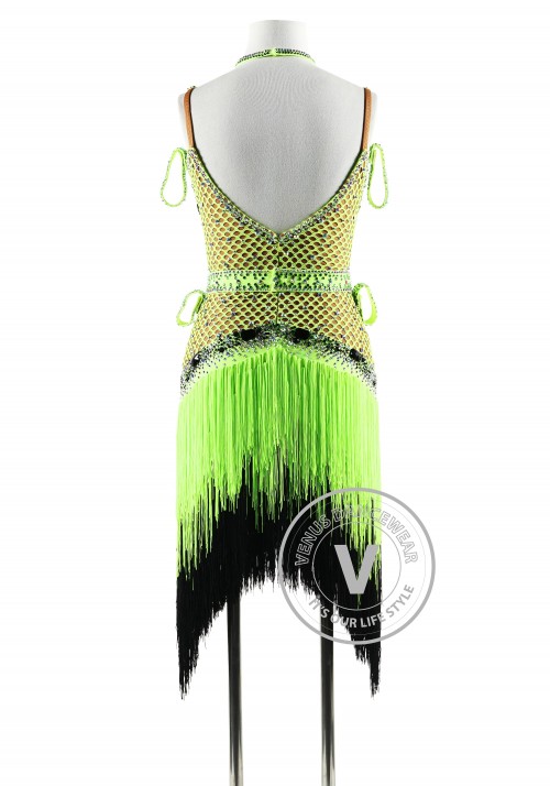 Lime Green Fishnet with Fringe Latin Rhythm Competition Dance Dress