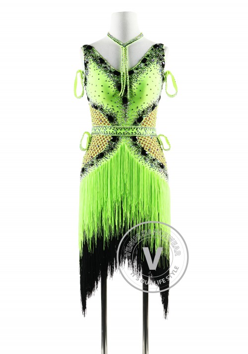Lime Green Fishnet with Fringe Latin Rhythm Competition Dance Dress