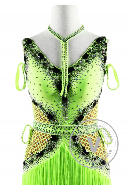 Lime Green Fishnet with Fringe Latin Rhythm Competition Dance Dress