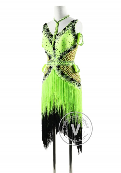 Lime Green Fishnet with Fringe Latin Rhythm Competition Dance Dress