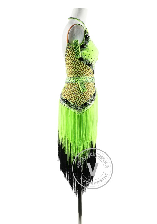 Lime Green Fishnet with Fringe Latin Rhythm Competition Dance Dress