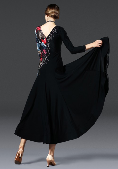 Black with Floral Pattern Long Sleeves Ballroom Smooth Practice Dance Dress