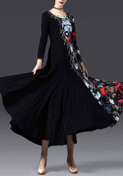 Black with Floral Pattern Long Sleeves Ballroom Smooth Practice Dance Dress