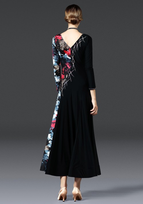 Black with Floral Pattern Long Sleeves Ballroom Smooth Practice Dance Dress