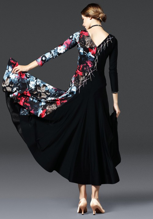 Black with Floral Pattern Long Sleeves Ballroom Smooth Practice Dance Dress