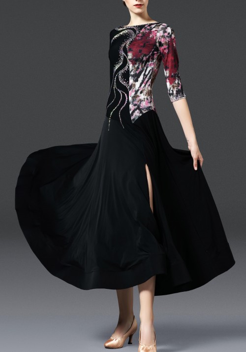 Black Floral Pattern Ballroom with Slit Smooth Practice Dance Dress