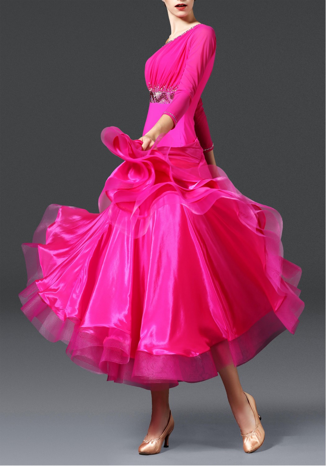 Magenta 2 Layers Pearl Silk Ballroom Smooth Practice Dance Dress
