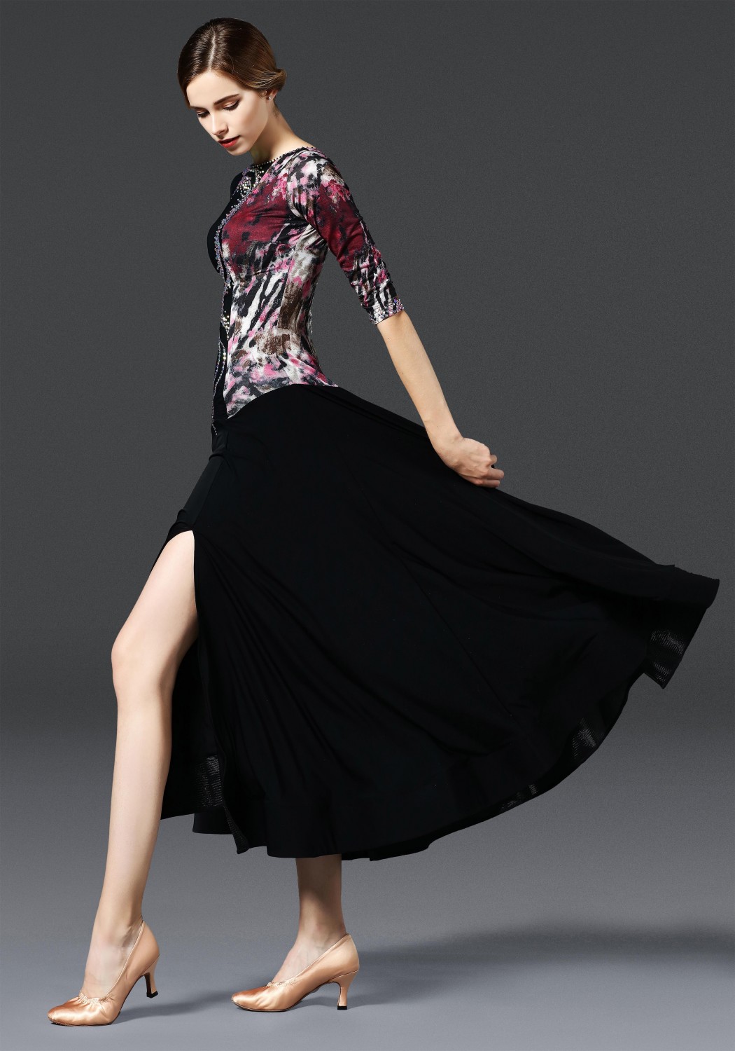 Black Floral Pattern Ballroom with Slit Smooth Practice Dance Dress